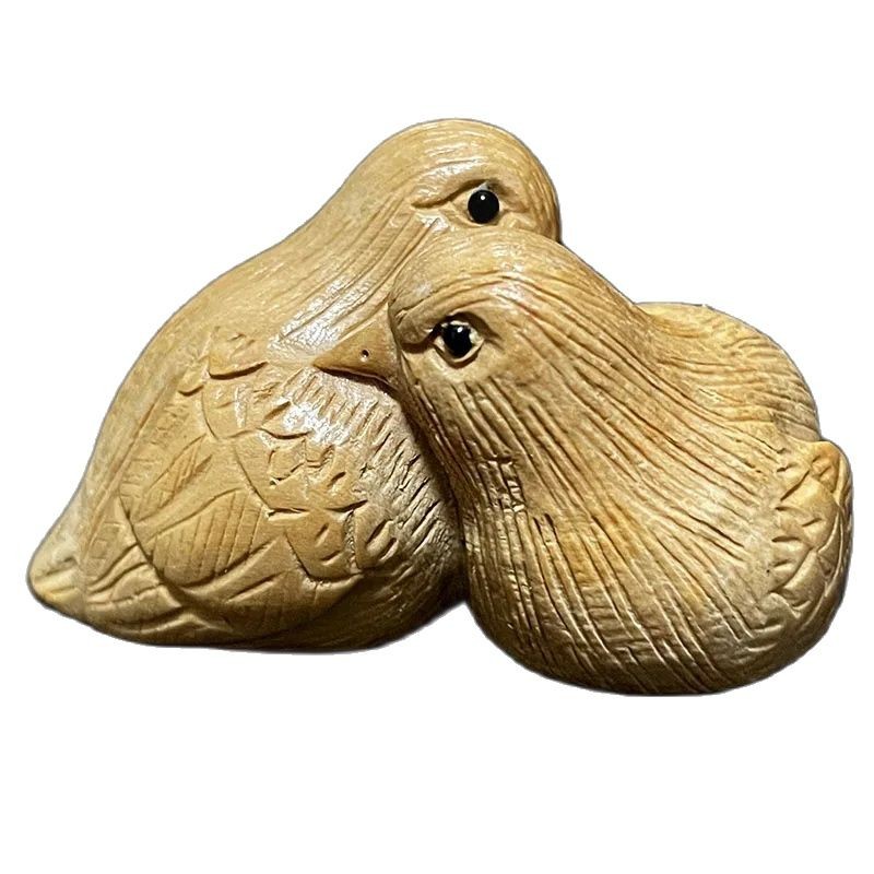 RS244, 2" Hand Carved Japanese Boxwood Netsuke, Sweet Birds Figurine, 2 Birds Sculpture, Small Ornam