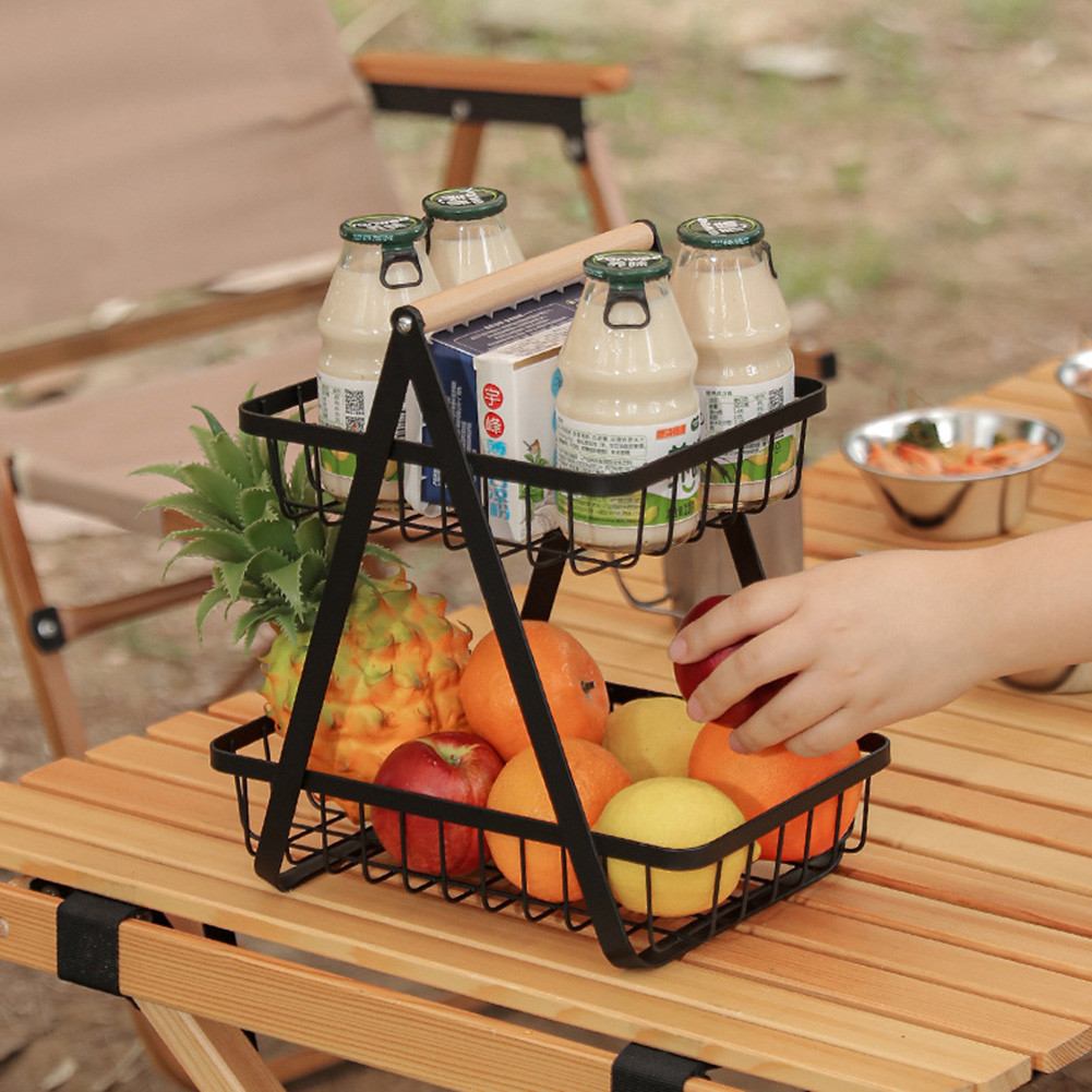 2-Tier Metal Fruit Basket Shelf Storage Holder Iron Camping Picnic