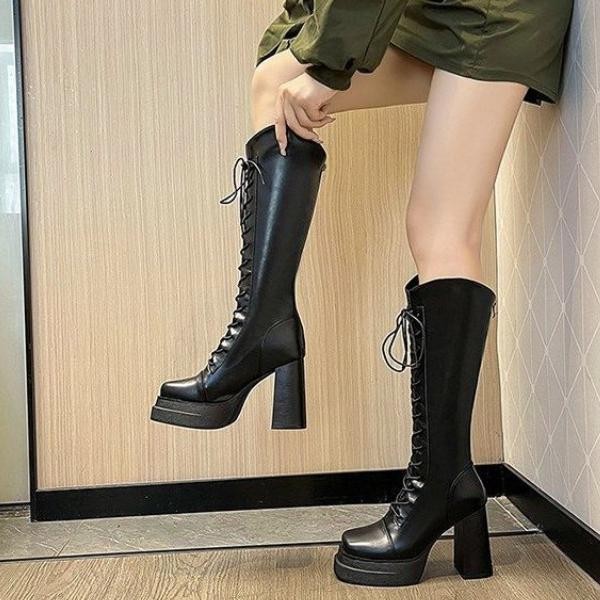 mitra [PINKEY] Sepatu Boots Panjang Wanita Boots Winter Overknee Pu Leather Shoes Heels P390