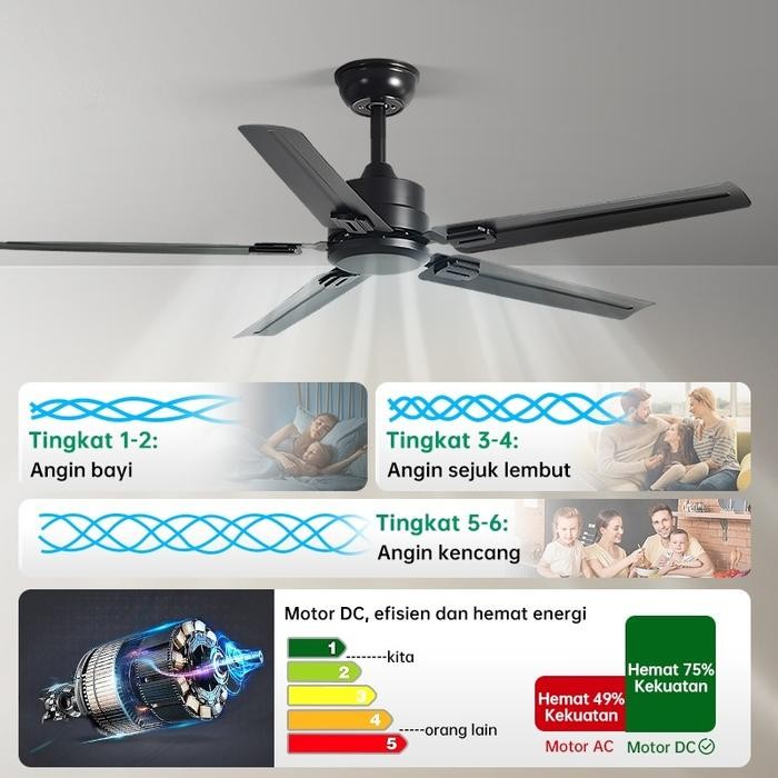 ORI COD Kipas Angin Gantung Plafon 42/52inci Besi Daun DC 6 Kecepatan Kipas Gantung Baling Baling