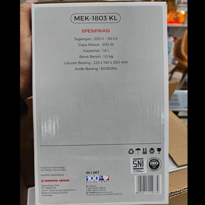 MASPION Teko Listrik MEK-1803KL 1.8 Liter 500W Stainless Steel 304 Garansi 1 Tahun