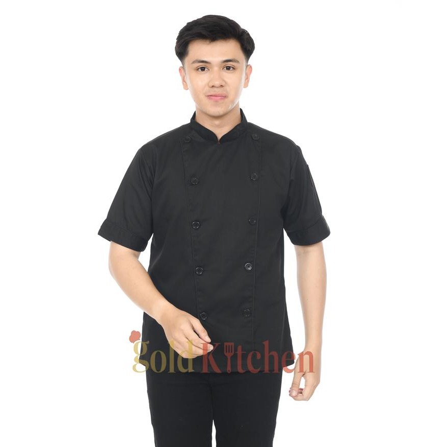 READY Baju Koki Chef Jacket Baju Chef Seragam Koki Pria Wanita Lengan Pendek Gold Kitchen Biru Hitam