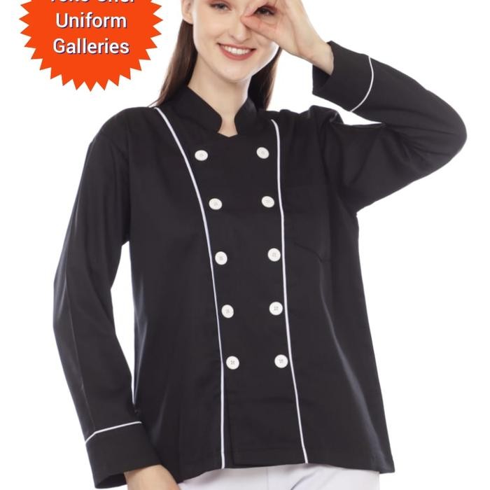 e73c- Chef Uniform Seragam Koki Lengan Panjang List Hitam Premium Quality