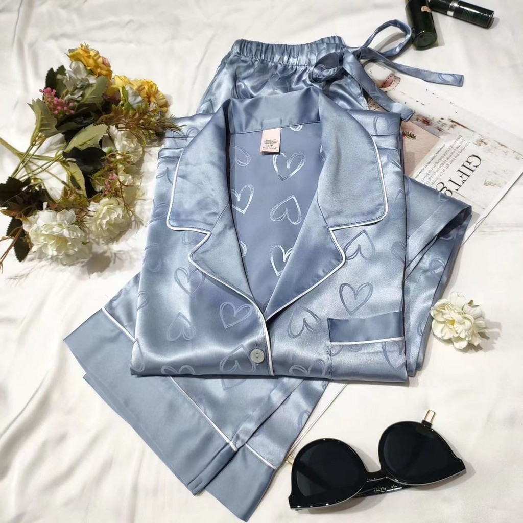 Heart Print Pajamas for Women Ice Silk Spring Autumn Two-piece Set Long-sleeved Home Clothes Casual 