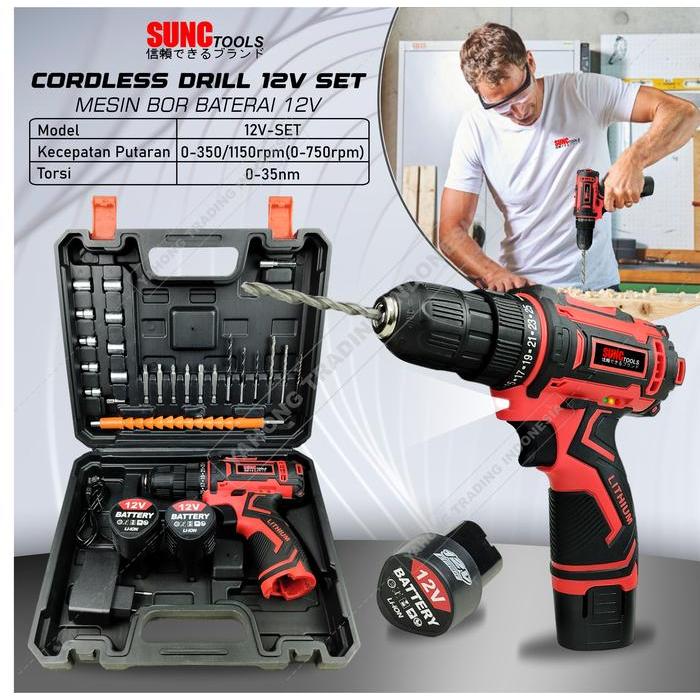 Orion Tools - Cordless Drill Set 29Pcs 12V Mesin Bor Obeng Kunci Pas Electrik