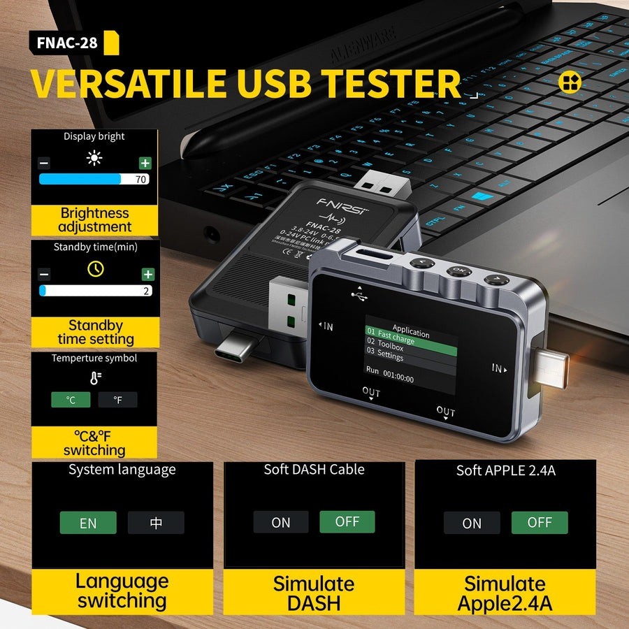 FNIRSI FNAC-28 2-IN-1 Type-C USB Tester Digital Voltmeter Ammeter External 16 Bit ADC Chip Power