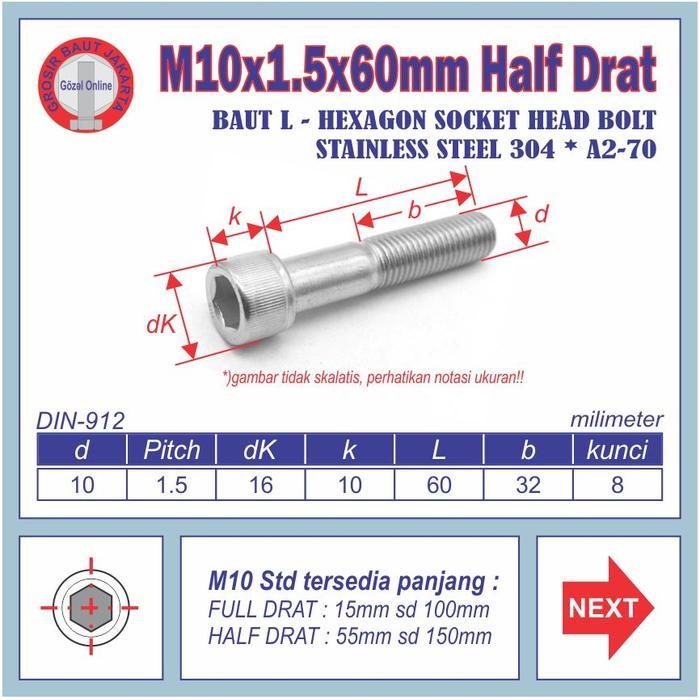 Baut L SS304 - M10 x60mm Half drat - kunci L 8mm - Stainless SUS 304