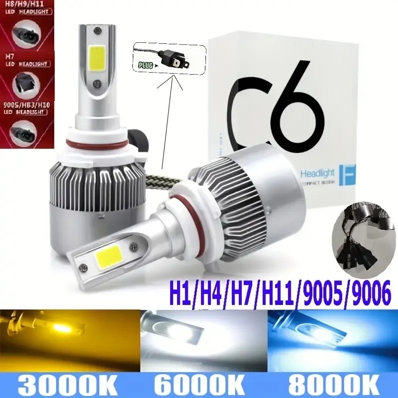 2pcs Led H7 H4 Car Headlights 300W C6 Light Bulbs H1 H8 H9 H11 H13 H27Automobiles Headlamp 3000K 600