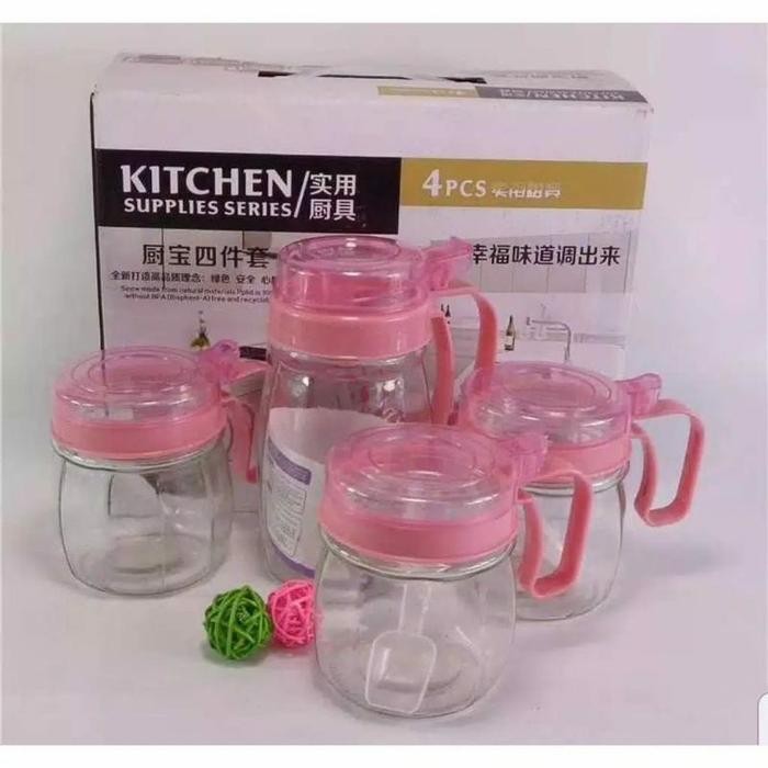 Kitchenjar Set 4 / Tempat Bumbu Dan Tempat Minyak / Set Wadah Bumbu Kaca Isi 4 Kitchenware Terlaris