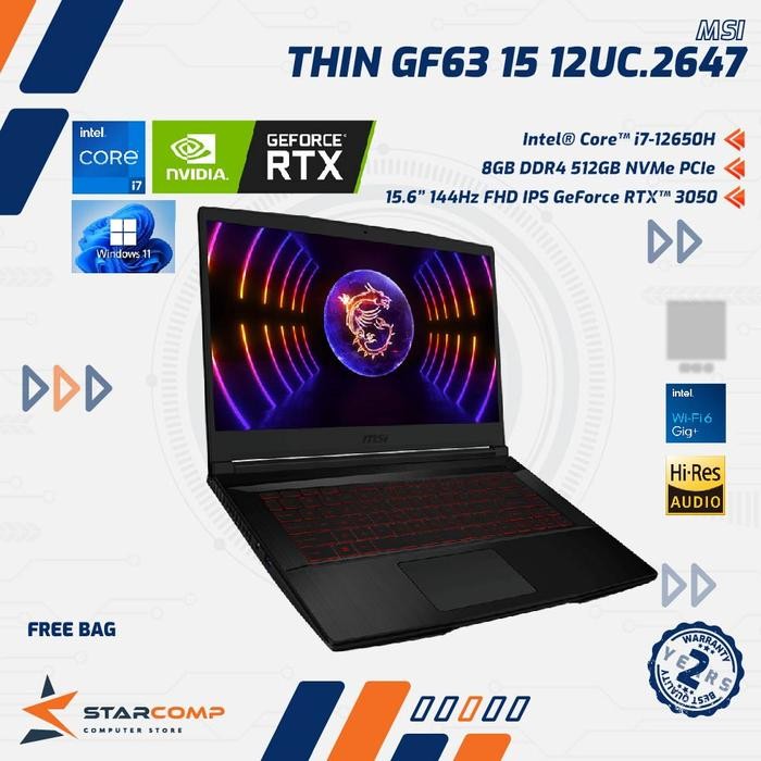 MSI THIN GF63 12UC-2647 Intel Core i7-12650H 8GB 512GB RTX3050 15.6 FHD 144Hz W11