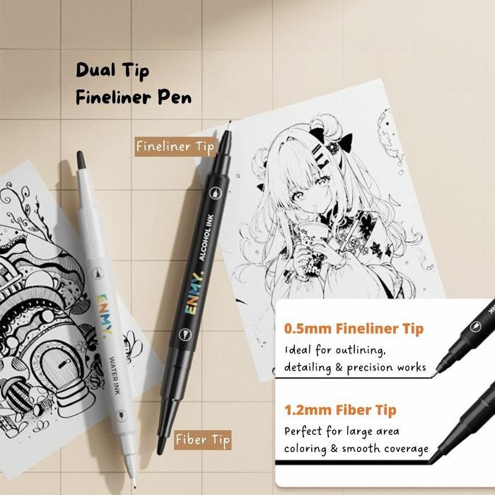 ENMY Dual Tip Fineliner Pens Black Ink for Acrylic Marker Artwork