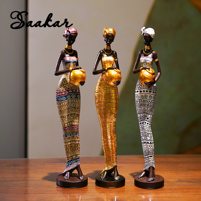 SAAKAR Resin Painted Black Statue Decor Figurines Retro African Women Holding Pottery Pots Home Bedr
