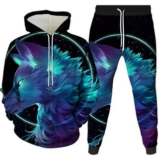 Dazzle Wolf Hoodies Set 3D Print Man Hoodie Pants tracksuit Sets Hip Hop Streetwear Fashion