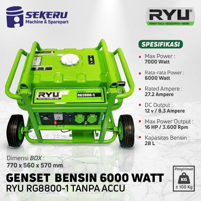 GENSET SERBAGUNA GENERATOR SET 6000 WATT RYU RG8800-1 TANPA ACCU PROMO TERMURAH