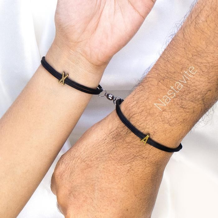 

New Gelang Inisial Huruf Aesthetic Magnet Bisa Couple Tali Satin Hitam - Alloy - Bracelets,