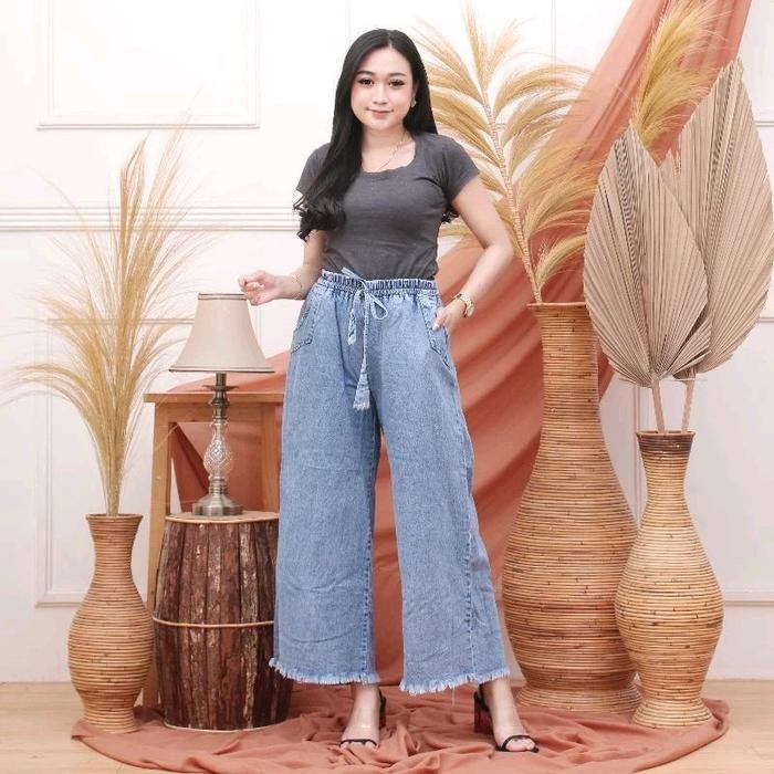Kulot Jeans Jumbo ( M, L, Xl, Xxl ) Snow Tali Serut, Pinggang Karet Kulot Lipat Jeans Lipat Pinggang