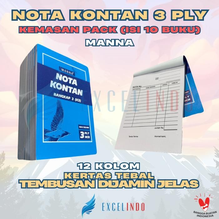 

OJ (1 PACK/ISI 10 BUKU) Nota Kontan 3 ply NCR UKURAN KECIL (108mm*155mm) merk MANNA 20 SHEET