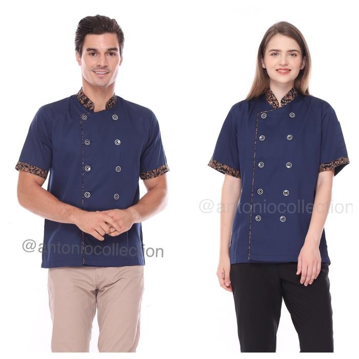 Baju Koki / Chef Jacket Biru Dongker Lis Batik Unisex Lengan Pendek