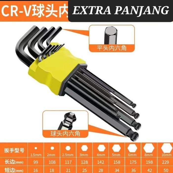 Kunci L Set 9Pcs Panjang Extra Panjang Tembaga Hitam Hexagon