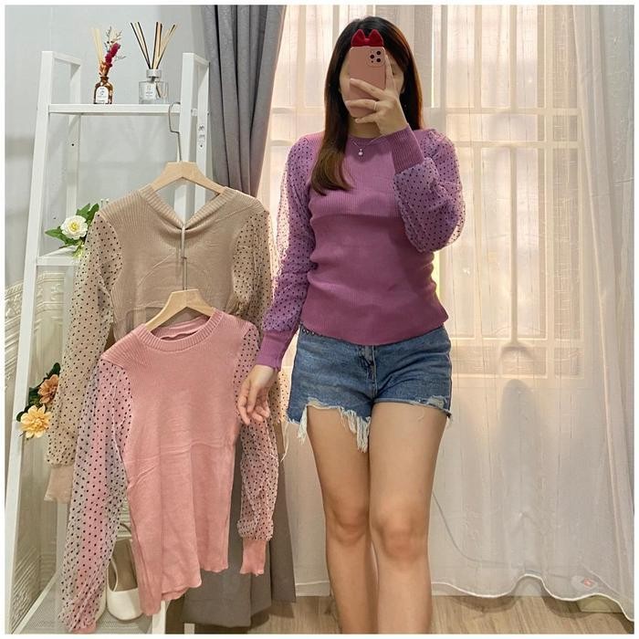 GLIVEO (COD) - BLOUSE LENGAN BALON TILE POLKA KECIL RAJUT IMPORT / ATASAN RAJUT LENGAN PANJANG/ BLUS