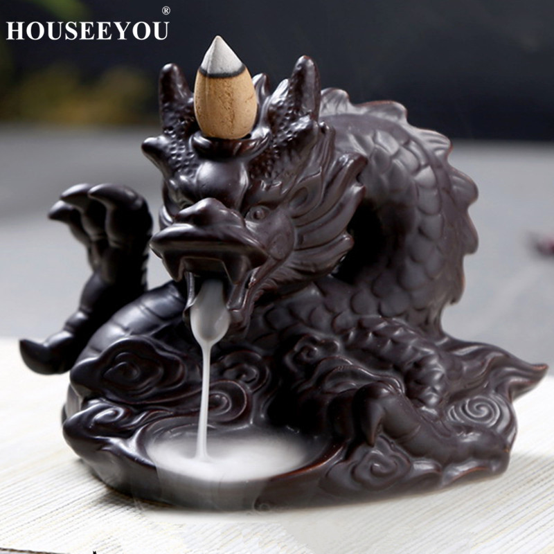 HOUSEEYOU Traditional Chinese Dragon Incense Holder Porcelain Backflow Incense Burner Smoke View Coo