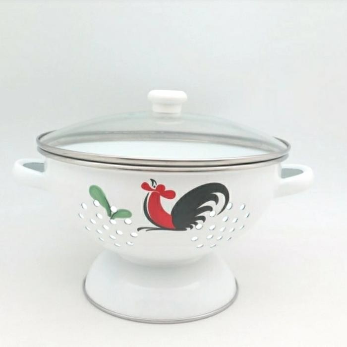 Sangku Nasi Motif Ayam + Tutup Kaca Tebal / Bakul Nasi Enamel