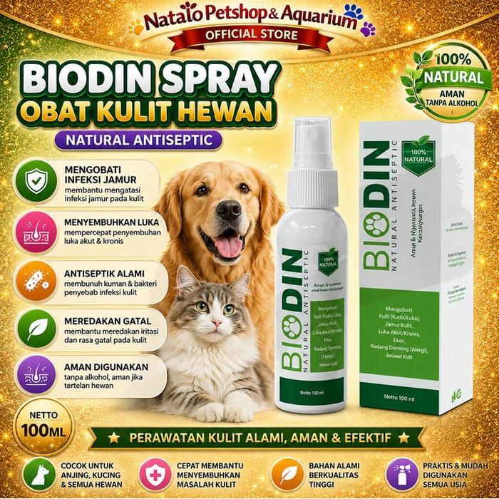 Biodin Spray 100Ml / Obat Kulit Semprot Hewan / Jamur / Borok / Luka / Kucing / Anjing Terlaris