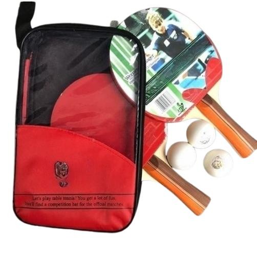 BET BAT BED PINGPONG TENIS MEJA ISI 2 SET 3 BOLA TAS MERAH TEBAL FULL SET KARET