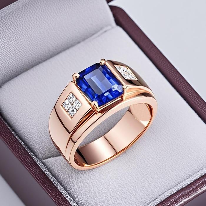 Pilihan- Cincin Pernikahan Emas Mawar Pria Mewah Elegan Desain Kristal Imitasi Biru Desain