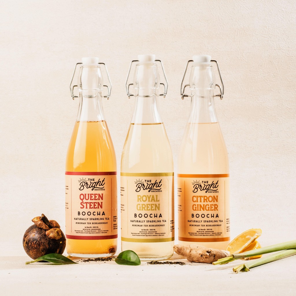 

Kombucha Teh Fermentasi The Bright Brewers Bund;e 3 botol 500 ML - Queensteen - Royal Green - Citron Ginger (rasa manggis, teh hijau original, lemon jahe sereh)