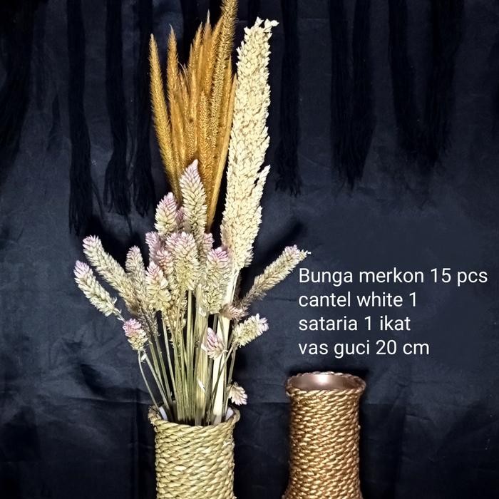 mini vas buket bunga kering dekorasi mobil edelweis bulu merak