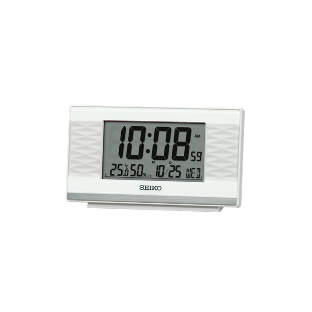 Jam Weker Seiko QHL094 QHL094W Plastic Case Pearl White Color LCD / Digital Dial Thermometer Bedside