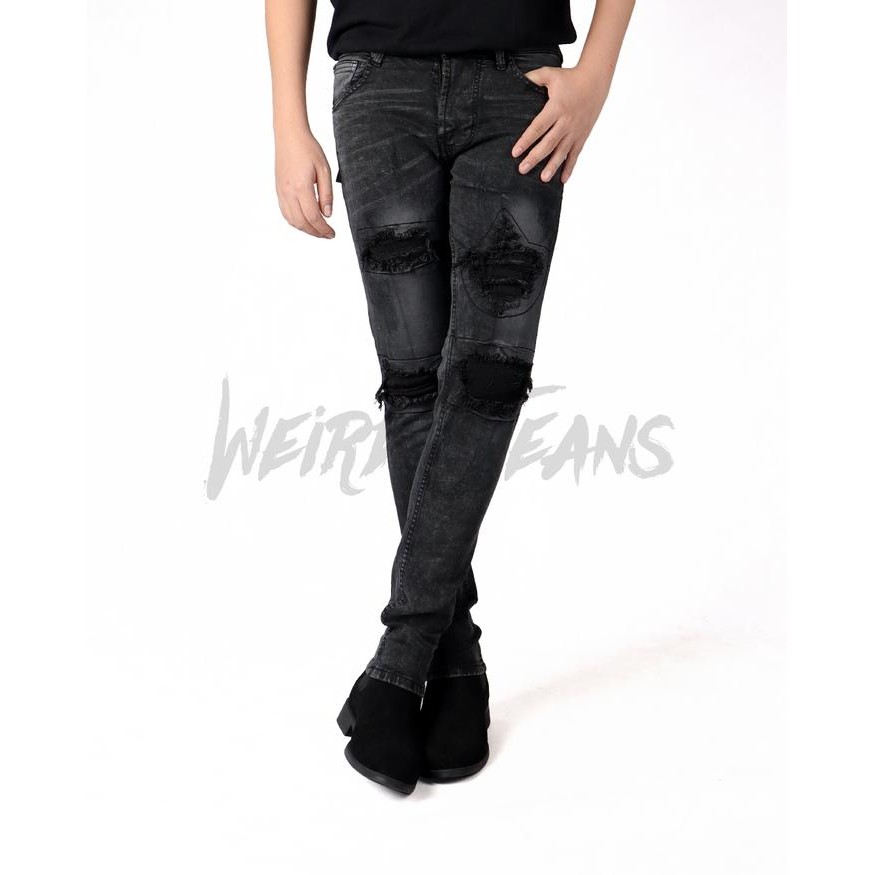 ftxr- Weird Jeans - Austin Black - Celana Jeans Pria Slimfit Strech Ripped Tambal Denim