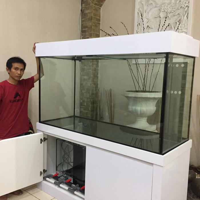 Aquarium 150X60X80Cm Kaca Tebal 12Mm Lem Hitam Kuat Meja Blockmint Lapis Hpl Rangka Besi Hollow Sump