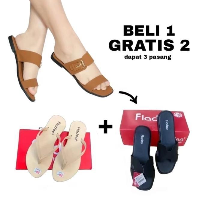 Beli 1 Gratis 2 Sandal Wanita Fladeo / Sandal Slop Jepit Wanita Viral Kekinian Girlstyle Hitam