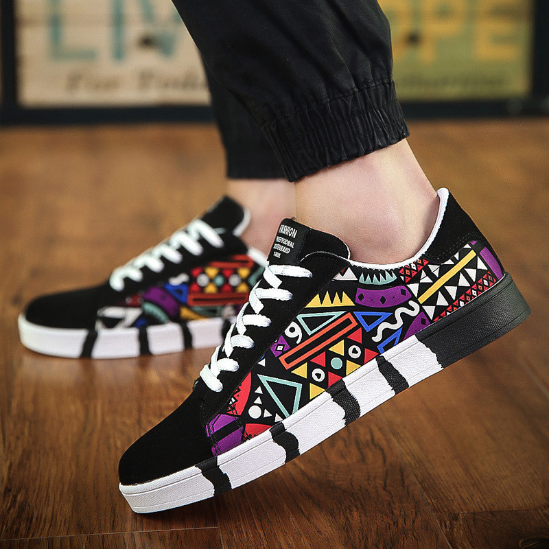 Men'S Sneakers Graffiti Canvas Shoes Fashion Black Casual Shoes Lace-Up Vulcanized Shoe Designer