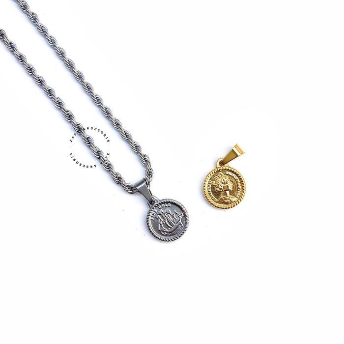Kalung Pria Wanita Anti Karat dengan Liontin Koin - Warna Silver, Paket Kalung dan Liontin