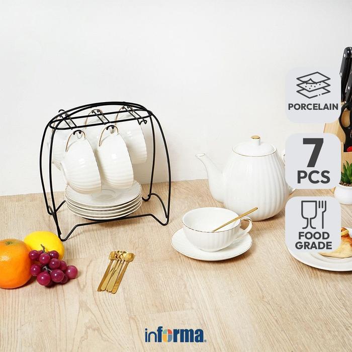 Informa Appetite pcs Lucille Teko & Cangkir Teh Porcelain Dengan Saucer 1.3 Liter Set 7 pcs - Putih