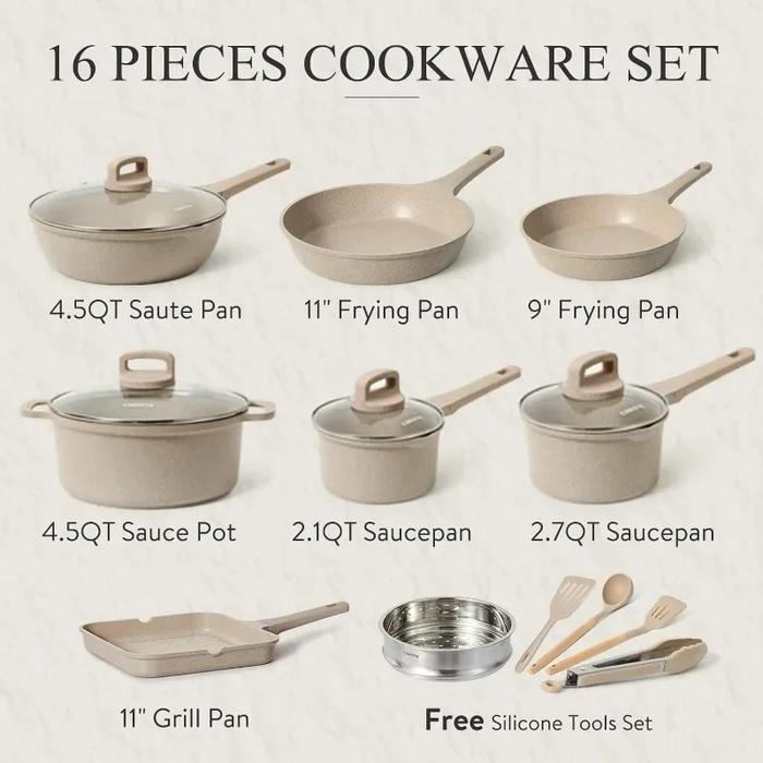 CAROTE Pots and Pans Set Nonstick 16Pcs Kitchen Cookware Sets Stackable Induction Cookware for
