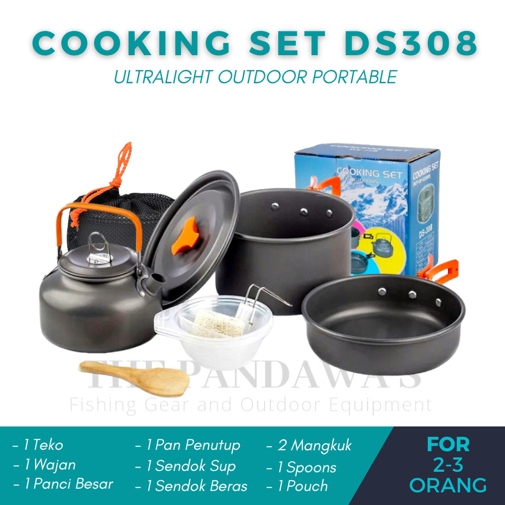 Cooking Set DS308 plus Teko Alat Masak Kompor Camping Outdoor Portable Panci Set Nesting DS 308