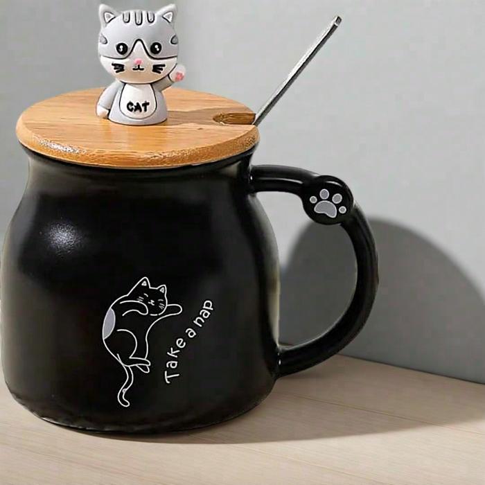 Mug Keramik Kucing dengan Tutup Kayu / Cangkir Keramik Cute Kucing