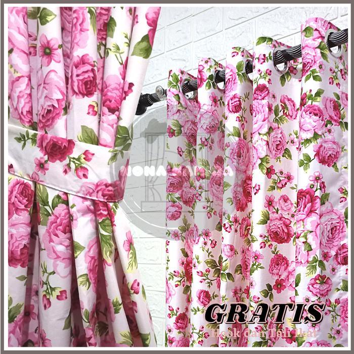 Gorden Bunga Sakura Model Smokering Pintu Jendela Minimalis Katun - Tali