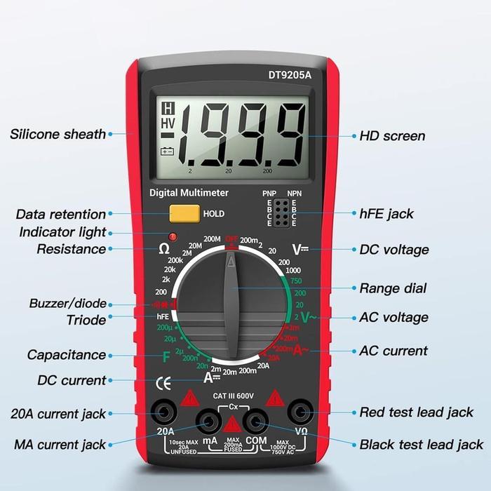 RELMARAMA Multimeter Digital BATERAI MULTITESTER DIGITAL EZREN DT-9205A Multimeter Avometer