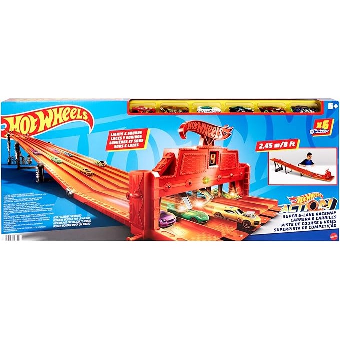 Hot Wheels Toy Car Playset with Lights, Sounds & 6 1:64 Scale Vehicles, Super 6-Lane Raceway