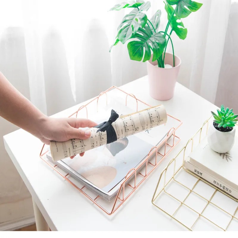 Golden Metal Document Tray Office Organizer Layered Paper Storage Paper Tray Desk Accessories Magazi