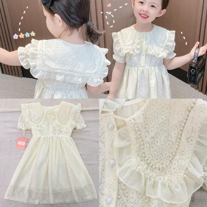 Dress Putih Brokat Anak Remaja Import 3-10Th Gaun Pesta Brukat Lembut Mutiara Brocade Renda Anak