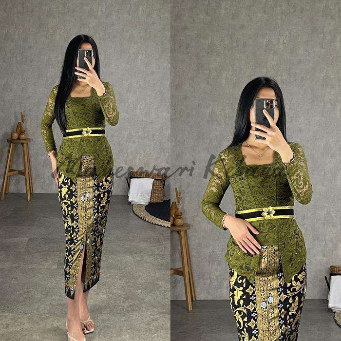 eyys- Kebaya Bali Set Brukat Panjang Hijau Army