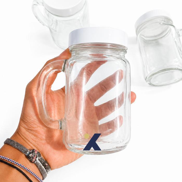 Mason Jar Kaca 450ml Tutup Putih & Gagang Gelas Jar Estetik Gelas Mug Cafe Souvenir