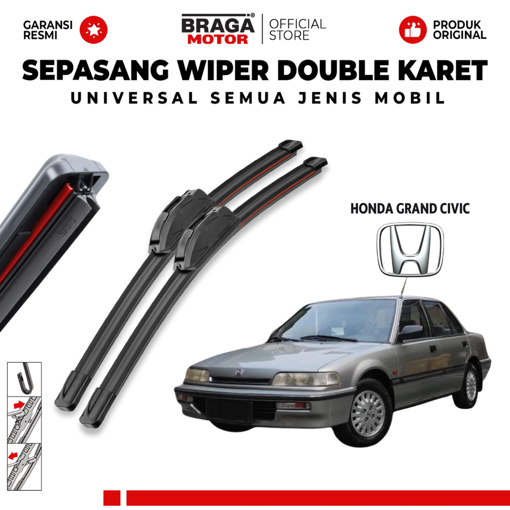 Wiper Blade Honda Grand Civic Double Karet Pembersih Kaca Depan Mobil 1 Set Kiri dan Kanan