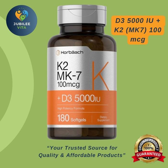 Horbaach Vitamin D3 5000iu K2 MK7 100 mcg Imun Tulang, 180 softgels